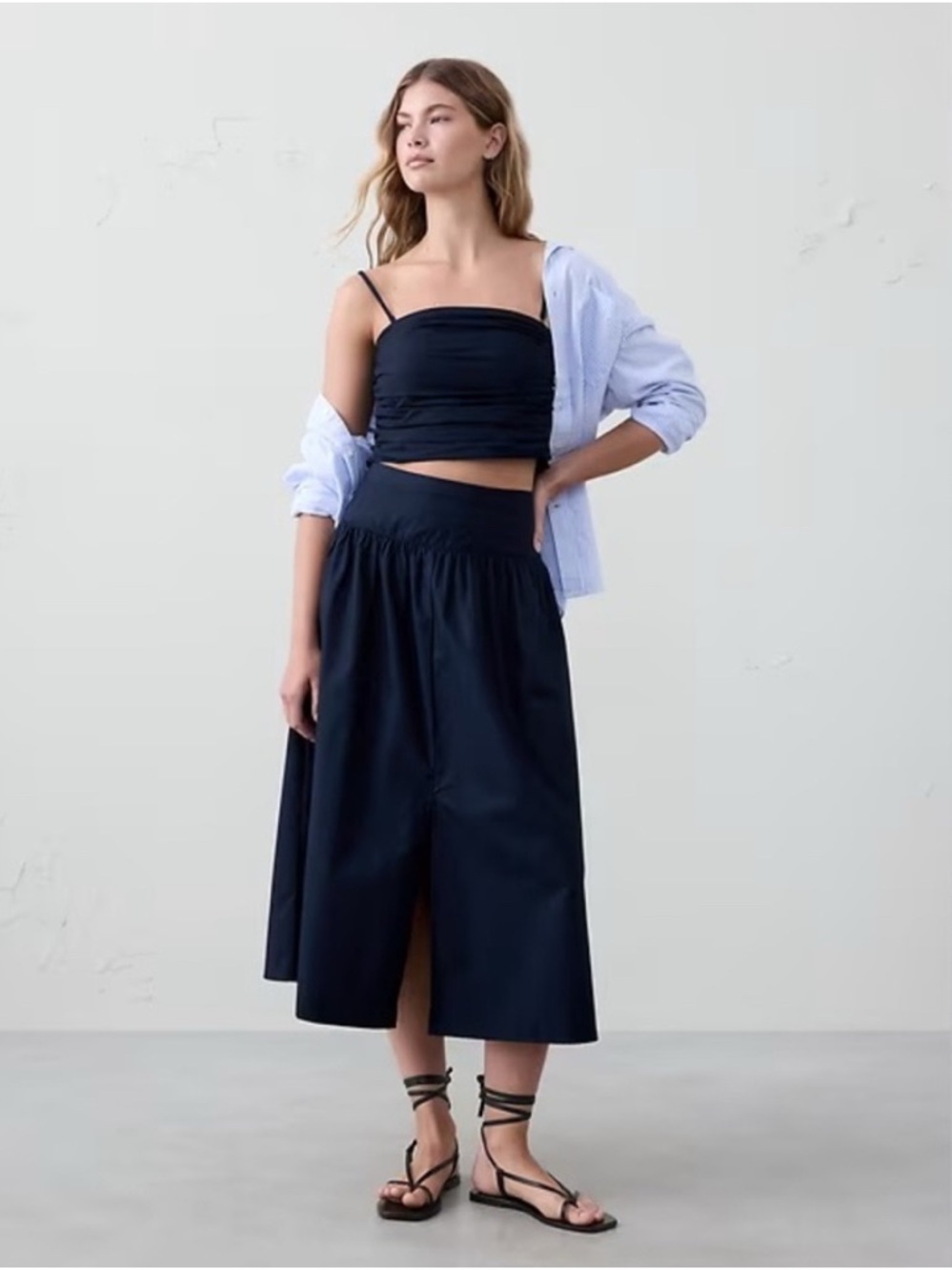 Banana Republic Navy High-Waist A-Line Midi Skirt Poplin